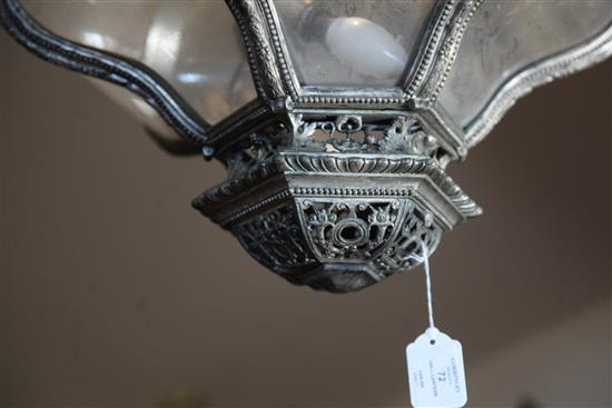 A late 19th century silvered bronze hexagonal hall lantern, drop 2ft 6in. diameter 1ft 7in.